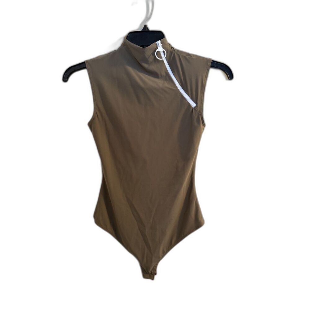 LIX NYC Asymmetrical Zip Mock Neck Thong Bodysuit –‎ Olive Green – Size S